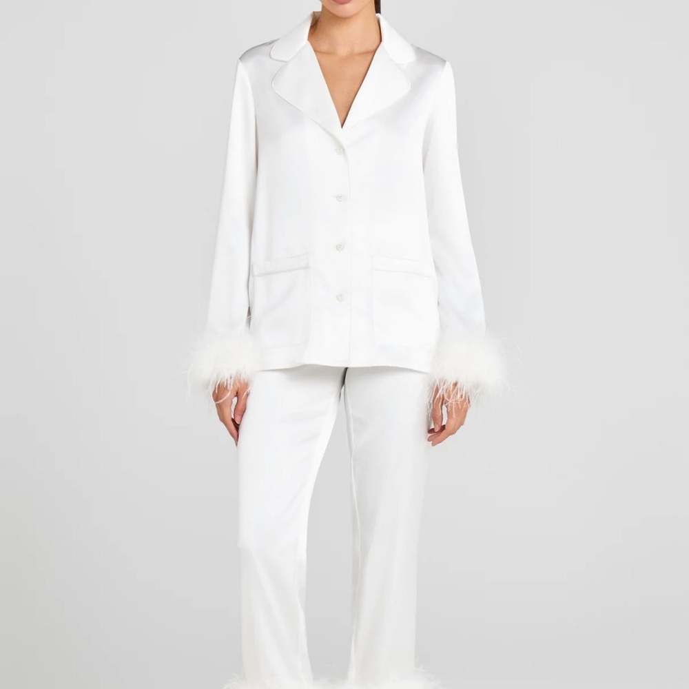 Nadine Merabi Elegant White Satin Pajama Set with Feather Trim. Original box